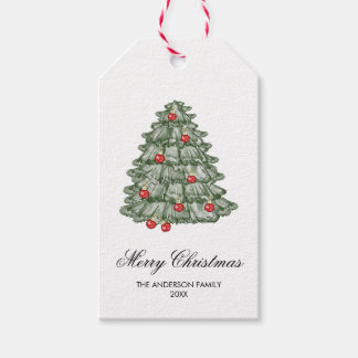Étiquettes-cadeau Arbre de Noël bohème rouge et vert à l'aquarelle