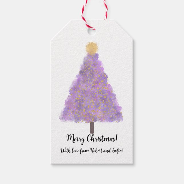 Étiquettes-cadeau Arbre de noël de parties scintillant violette (Devant)