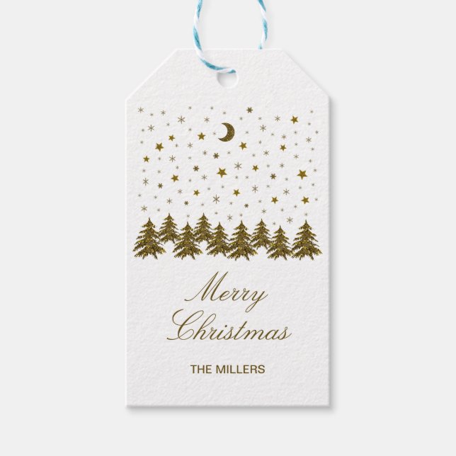 Étiquettes-cadeau Arbre de Noël en or brillant, lune, étoiles Noël (Devant)
