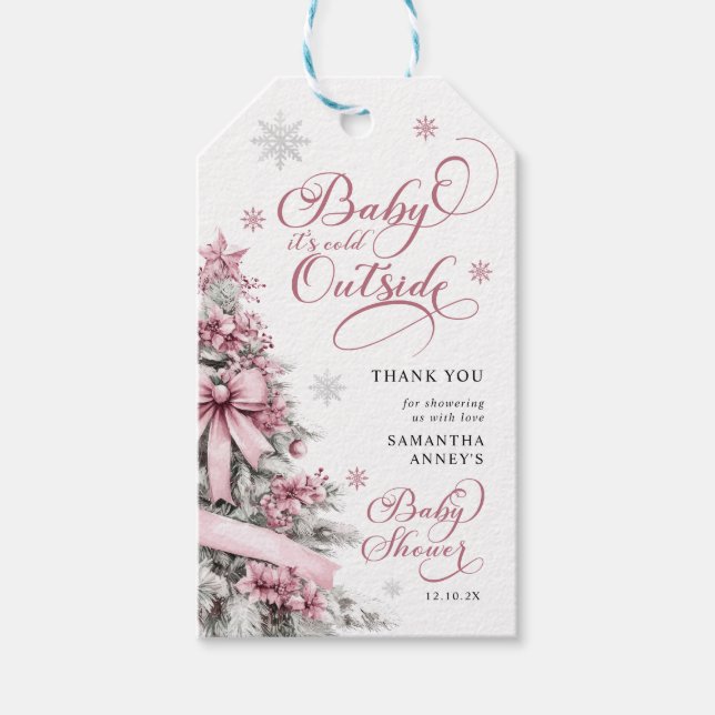 Étiquettes-cadeau Arbre de Noël hiver Baby shower rose Merci (Devant)