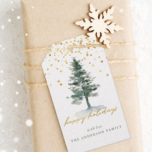 Étiquettes-cadeau Arbre de Noël moderne en écriture dorée Joyeuses F