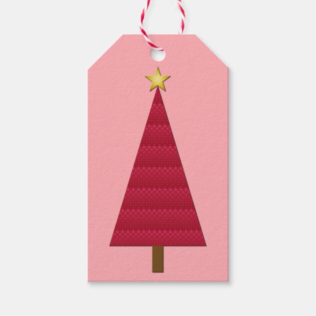 Étiquettes-cadeau Arbre de Noël moderne profond rouge damé (Devant)