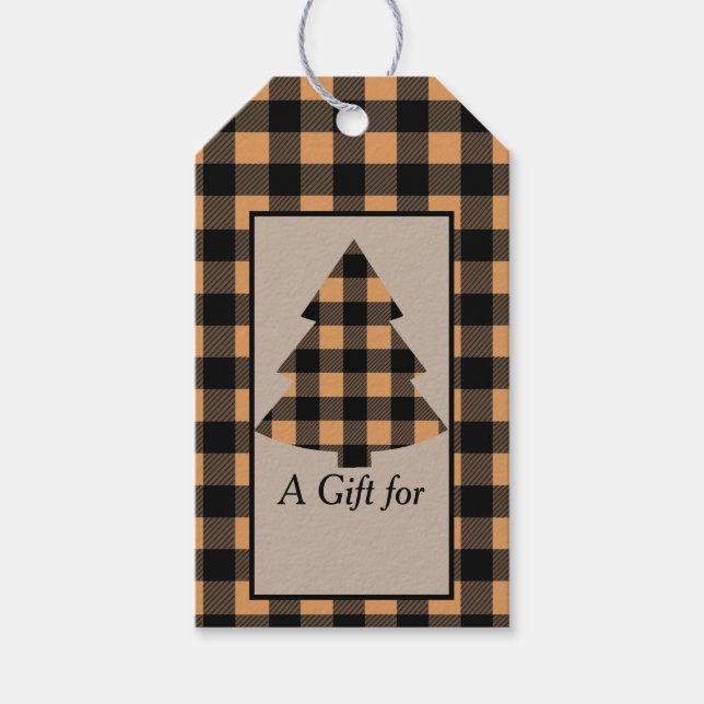 Étiquettes-cadeau Arbre de Noël Plaid Buffalo Or (Devant)