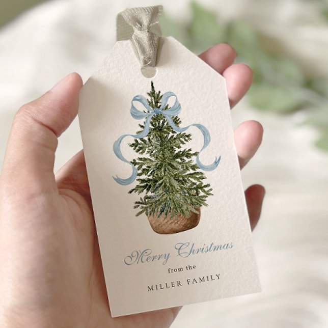 Étiquettes-cadeau Arbre de Noël Preppy Bow Bleu Noël (Créateur téléchargé)