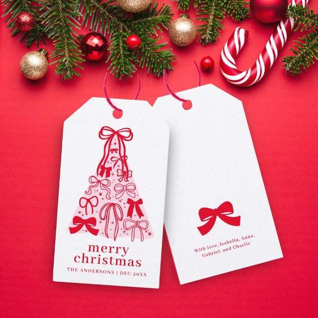 Étiquettes-cadeau Arbre de Noël rose bow moderne (Créateur téléchargé)