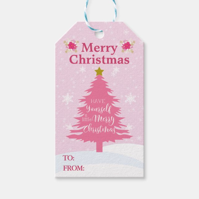 Étiquettes-cadeau Arbre de Noël rose Festif (Devant)