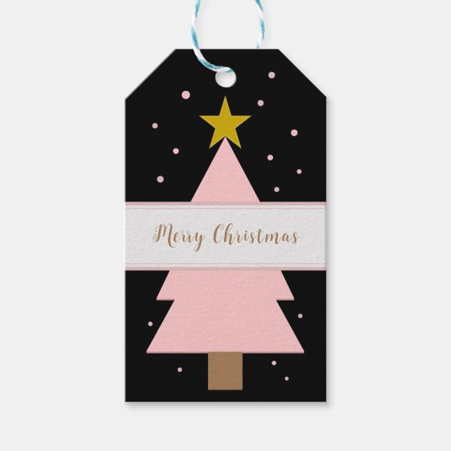 Étiquettes-cadeau Arbre de Noël rose solo personnalisé, Noir étoile  (Devant)