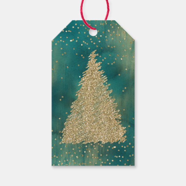 Étiquettes-cadeau Arbre de Noël turquoise Parties scintillant verte  (Devant)
