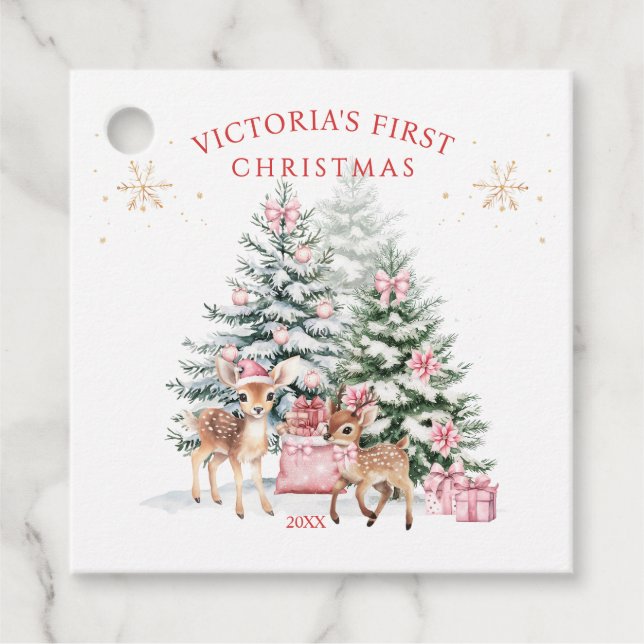 Étiquettes Cadeau Arbre Fawn Père Noël Baby 1st Christmas Favoriser  (Devant)