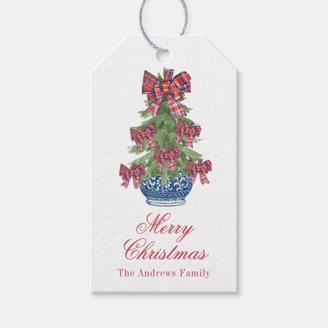 Étiquettes-cadeau Arbre Topiaire de la Chinoiserie de la Bow de Noël (Devant)