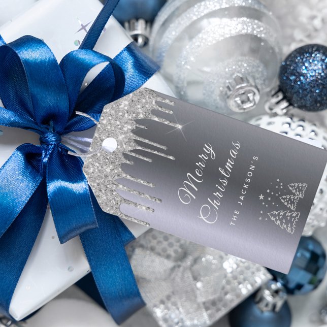 Étiquettes-cadeau Arbres de Noël argent gouttes de parties scintilla (Créateur téléchargé)