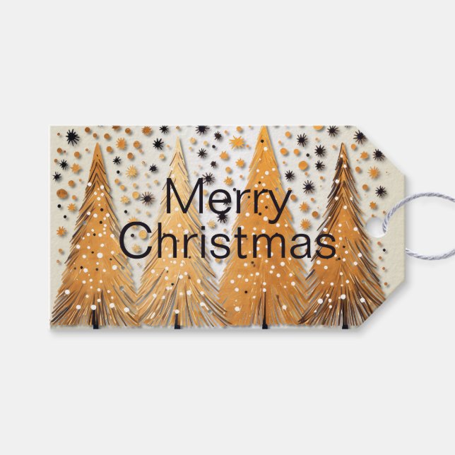 Étiquettes-cadeau Arbres de Noël dorés Flammes de neige brillantes F (Devant (Horizontal))