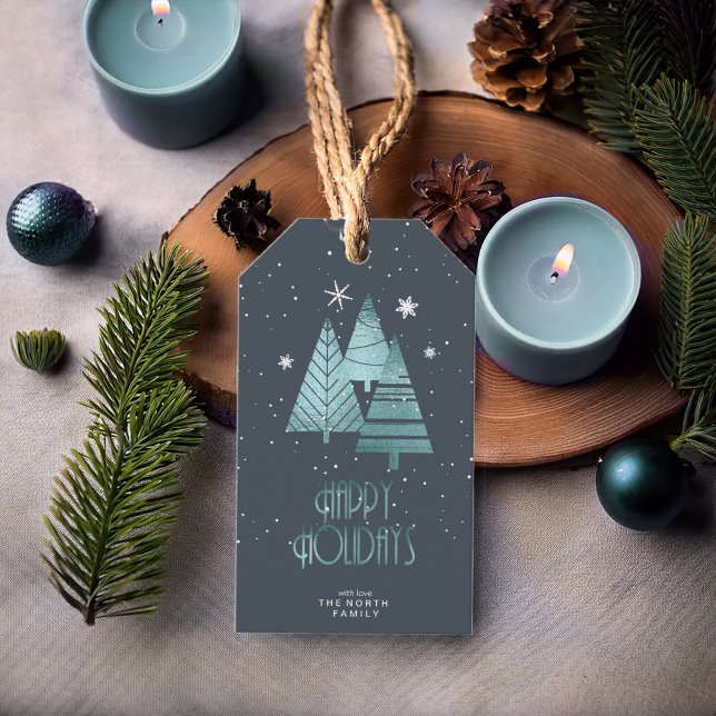 Étiquettes-cadeau Arbres de Noël et flocons de neige Turquoise ID863 (Créateur téléchargé)