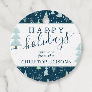 Étiquettes Cadeau Arbres de Noël modernes JEUX VACANCES Script Bleu