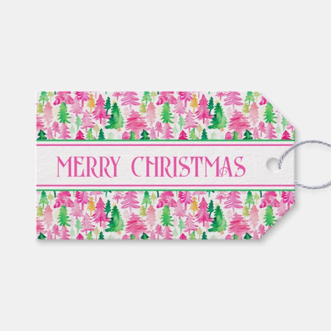 Étiquettes-cadeau Arbres de Noël rose et vert Preppy Personnalisés (Devant (Horizontal))