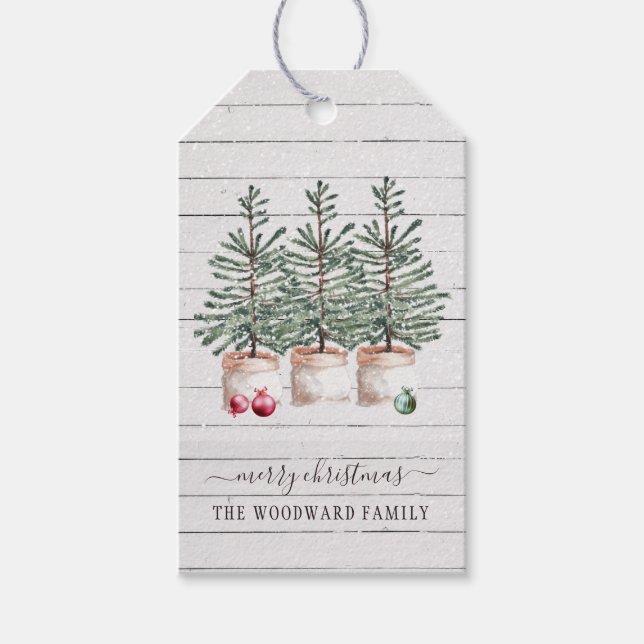 Étiquettes-cadeau Arbres de Noël rustiques Nom de famille (Devant)