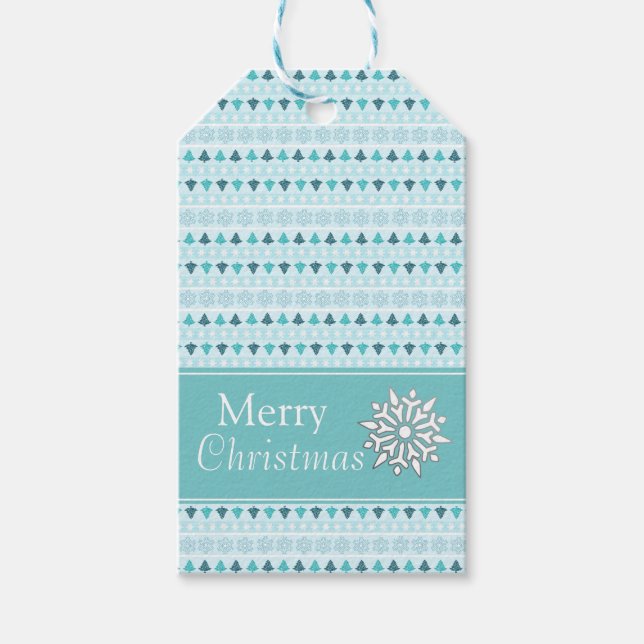 Étiquettes-cadeau Arbres d'hiver et Snowflakes Motif Bleu (Devant)