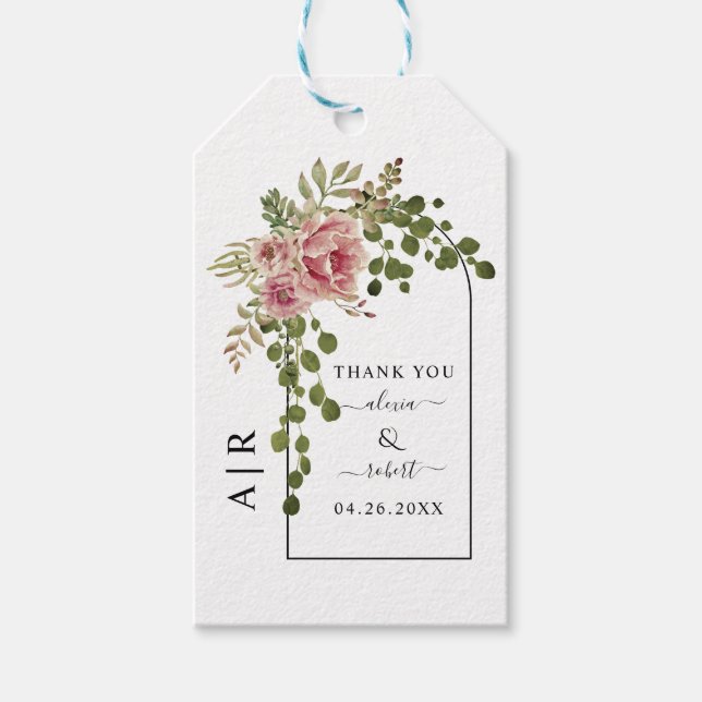 Étiquettes-cadeau Arc de fleurs rose rose et mariage monogramme (Devant)