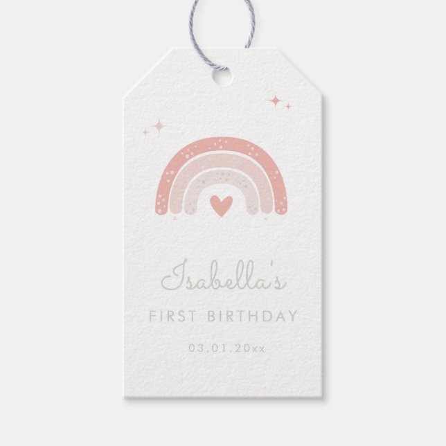 Étiquettes-cadeau Arc-en-ciel rose 1er anniversaire aquarelle  (Devant)