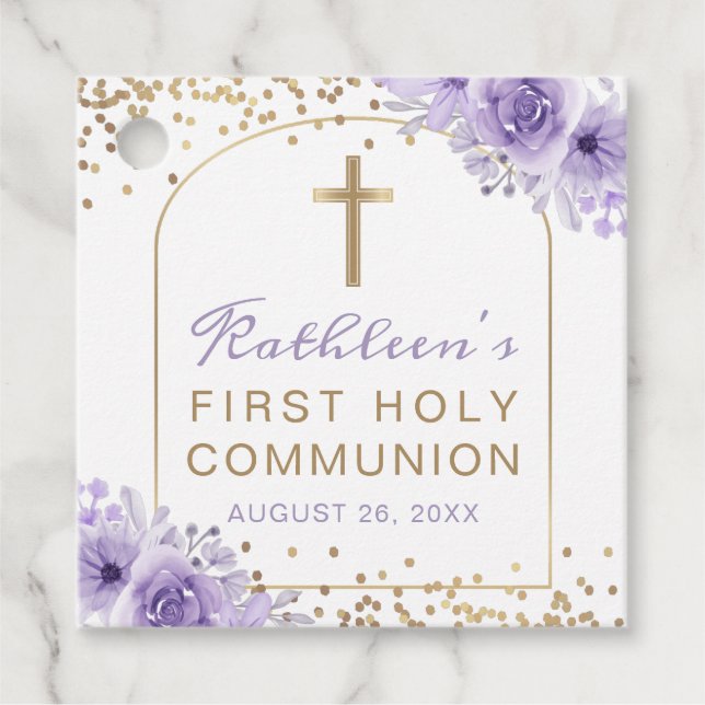 Étiquettes Cadeau Arc Purple Or Floral Premier Merci Communion (Devant)