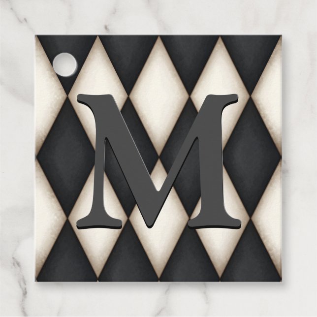 Étiquettes Cadeau Arelquin noir et blanc Dramatique Monogramme perso (Devant)