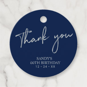 Étiquettes Cadeau Argent et marine Script Anniversaire Merci de fête