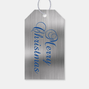 Étiquettes-cadeau Argent métallique et Joyeux Noël bleu