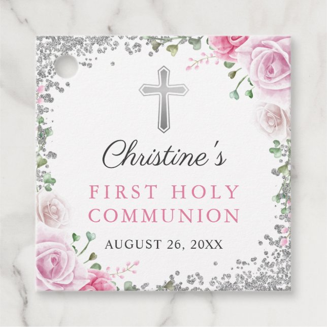 Étiquettes Cadeau Argent rose Floral Premier Saint Communion Merci (Devant)