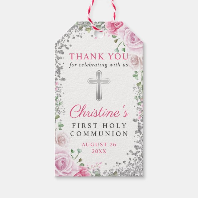 Étiquettes-cadeau Argent rose Floral Premier Saint Communion Merci (Devant)
