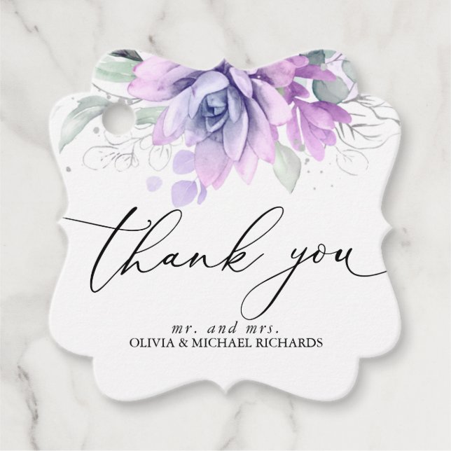 Étiquettes Cadeau Argent Succulents Verdure Mariage Merci (Devant)