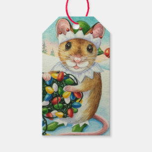 Étiquettes-cadeau Arôme d'aquarelle Whimsical North Pole Elf Mouse