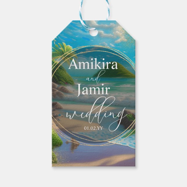 Étiquettes-cadeau Arrière - plan de plage Tropic Faux Mariage de Par (Devant)