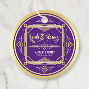 Étiquettes Cadeau Art Déco Mariage Love & Thanks Gold Purple Favoris