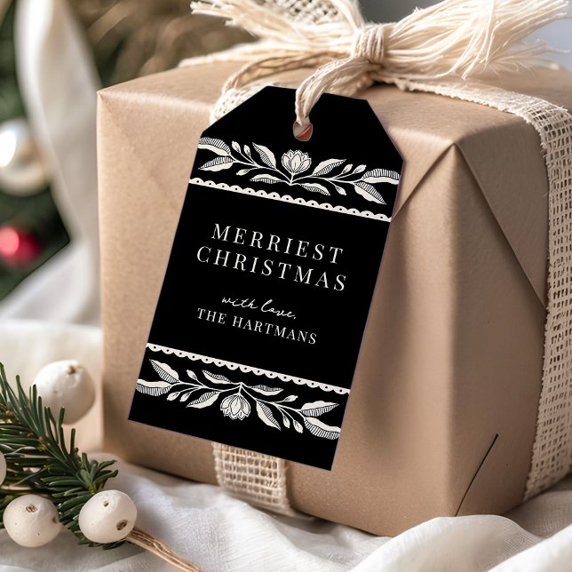 Étiquettes-cadeau Art populaire Floral Noël Nom de vacances (Créateur téléchargé)