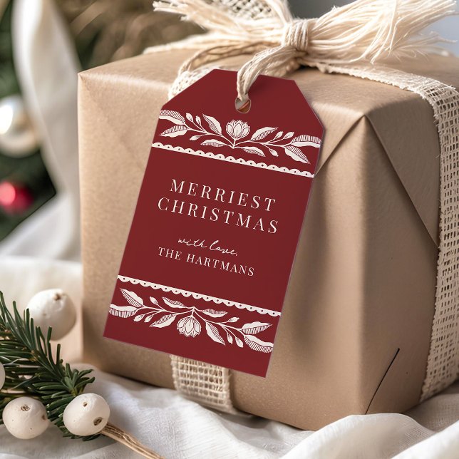 Étiquettes-cadeau Art populaire Floral Noël Nom de vacances (Créateur téléchargé)
