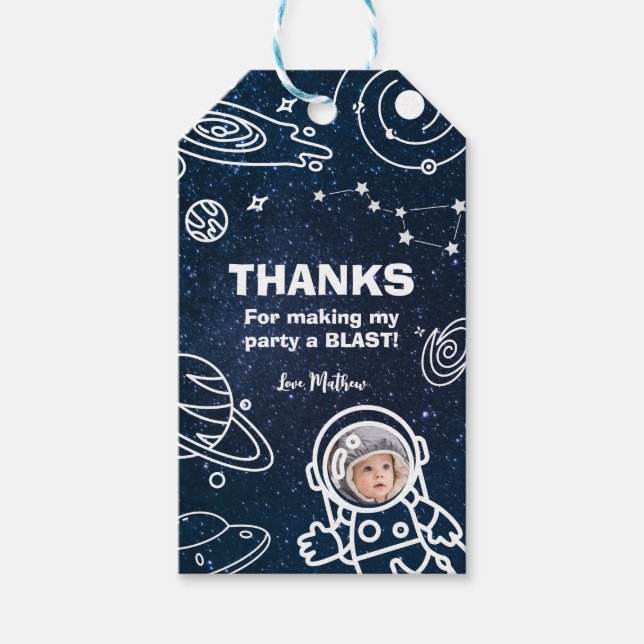 Étiquettes-cadeau Astronaut Planètes spatiales 1er anniversaire garç (Devant)
