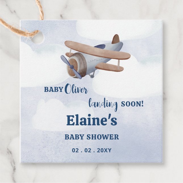 Étiquettes Cadeau Atterrissage Bientôt Blue Boy Baby shower d'avion (Devant)
