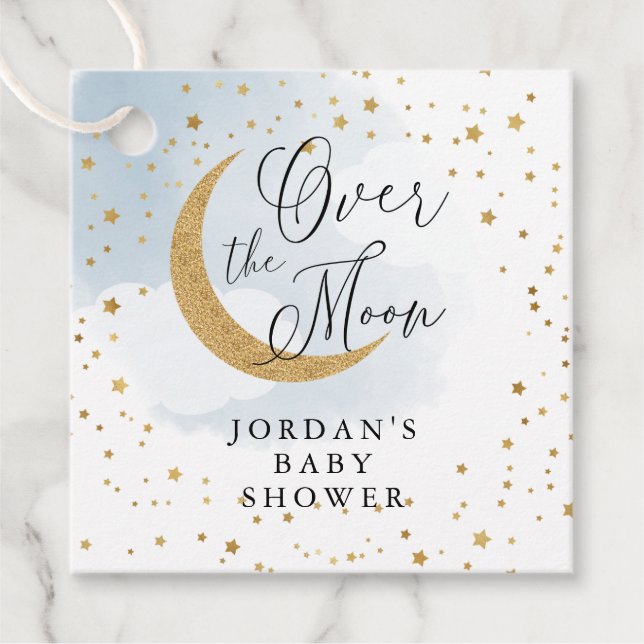 Étiquettes Cadeau Au-dessus de la lune Gold & Blue Baby shower suspe (Devant)