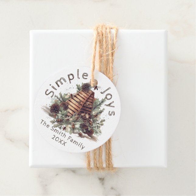 Étiquettes Cadeau Autocollant rond rustique de vacances - Joys simpl (En situation)