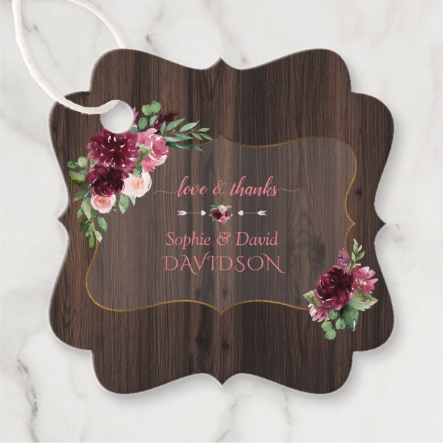 Étiquettes Cadeau Automne Bourgogne rose Mariage de fleurs florales (Devant)