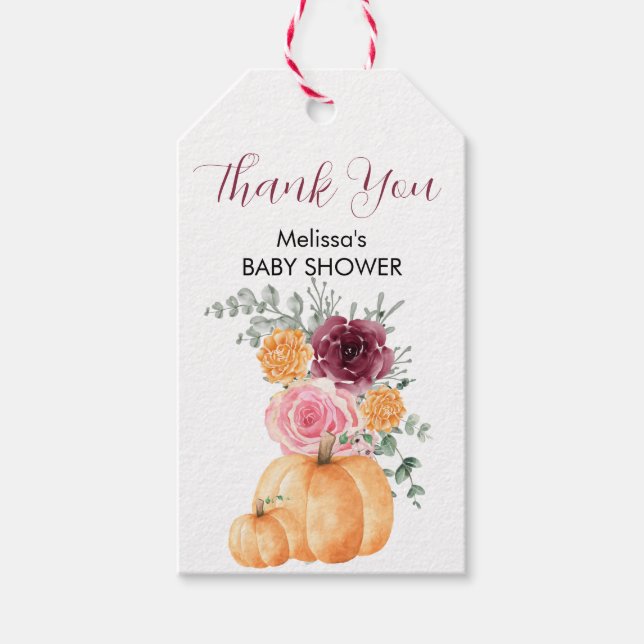 Étiquettes-cadeau Automne Citrouille Bourgogne Blush Rose Floral Mer (Devant)