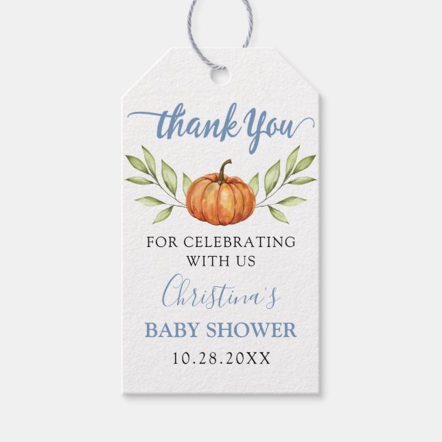 Étiquettes-cadeau Automne Dusty Blue Citrouille Merci Baby shower (Devant)