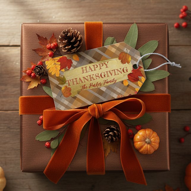 Étiquettes-cadeau Automne Feuillage Automne Sur Plaid Thanksgiving (Créateur téléchargé)