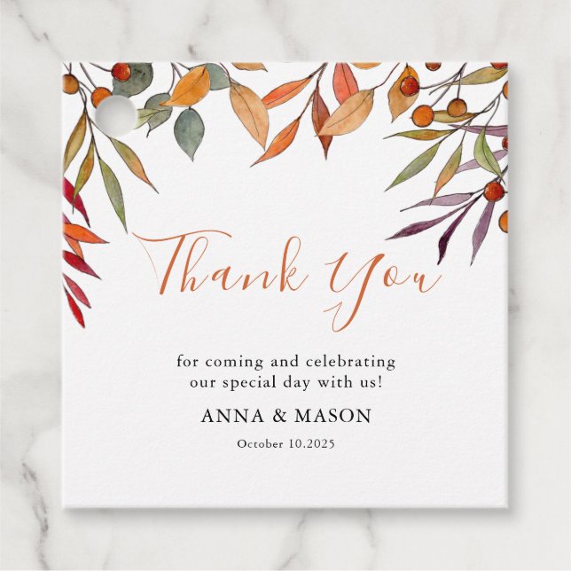 Étiquettes Cadeau Automne Feuillage d'automne aquarelle Mariage Merc (Devant)