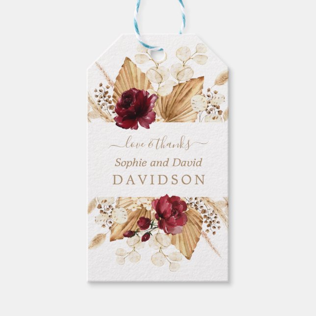 Étiquettes-cadeau Automne Fleurs Bourgogne Pampas Mariage de la paum (Devant)