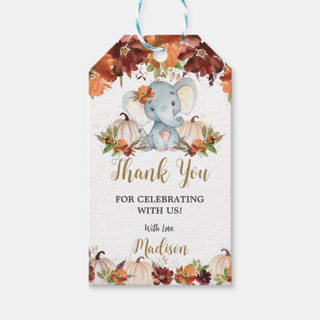 Étiquettes-cadeau Automne Floral Citrouille mignon Baby shower éléph (Devant)