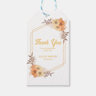 Étiquettes-cadeau Automne Orange Fleur or Merci blanc