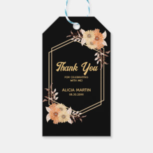 Étiquettes-cadeau Automne Orange Flower Gold Black Merci