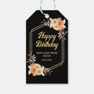 Étiquettes-cadeau Automne Orange Flower Gold Noir Joyeux Anniversair