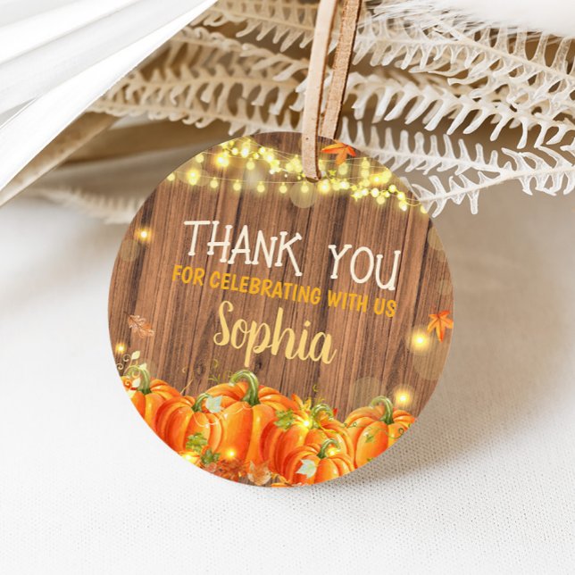 Étiquettes Cadeau Automne Rustique Citrouille Patch Anniversaire (Autumn Rustic Pumpkin Patch String Lights Birthday Round Favor Tags)